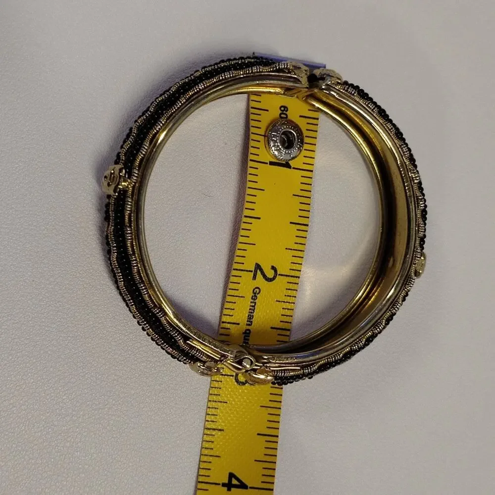 Hinged Bangle Bracelet Gold Black Gimp Trim Fabric Gold-tone Metal 2.5
